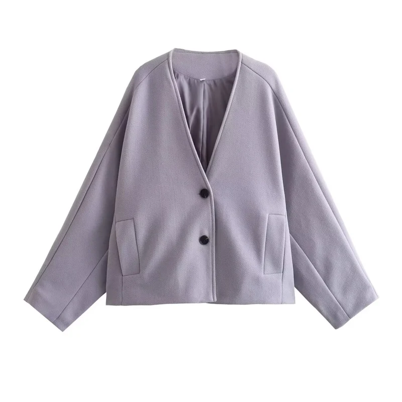 Damen Kurzmantel aus Wollmix mit Oversize‑Silhouette, V‑Ausschnitt und Zweiknopfverschluss Drune
