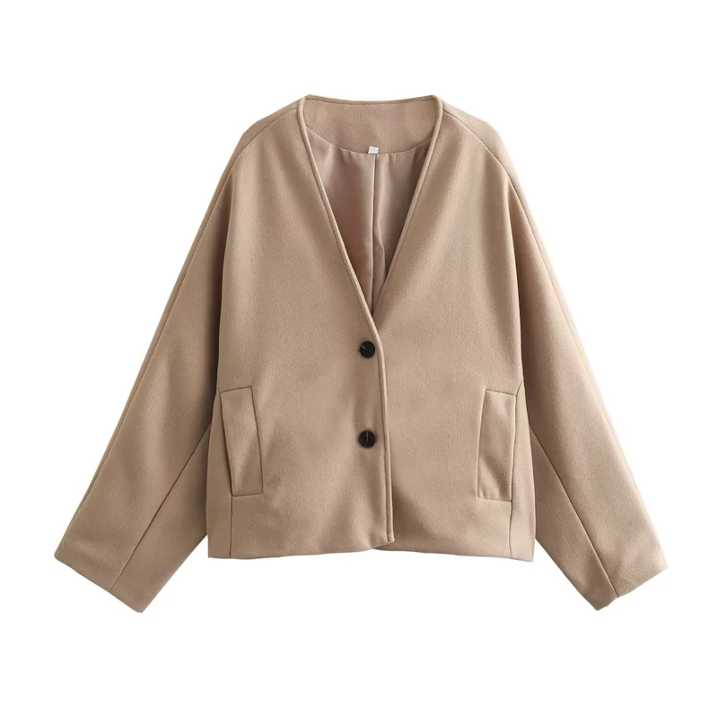 Damen Kurzmantel aus Wollmix mit Oversize‑Silhouette, V‑Ausschnitt und Zweiknopfverschluss Drune
