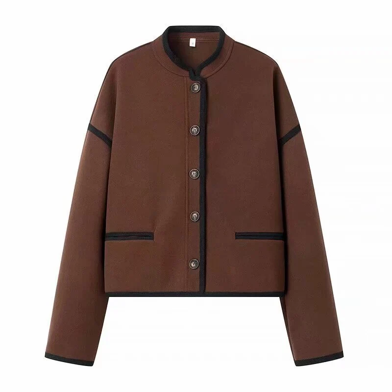 Damen Kurzjacke mit Rundhals, kastiger Cropped‑Silhouette und Kontrastpaspel Drune