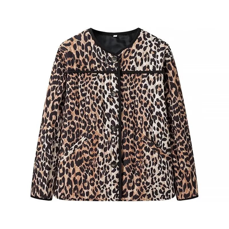 Damen Kurzjacke mit Leo‑Alloverprint, Rundhalsausschnitt und kontrastierender Paspel Drune
