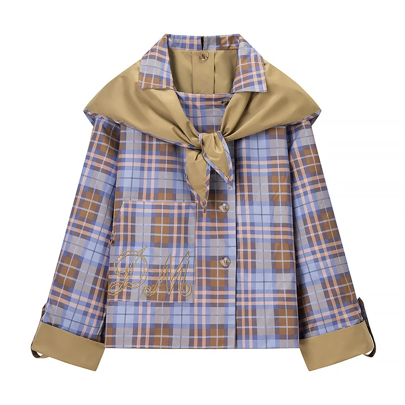 Damen Kurzjacke mit Karo-Kragen, Bindeschal und Monogramm-Tasche Drune