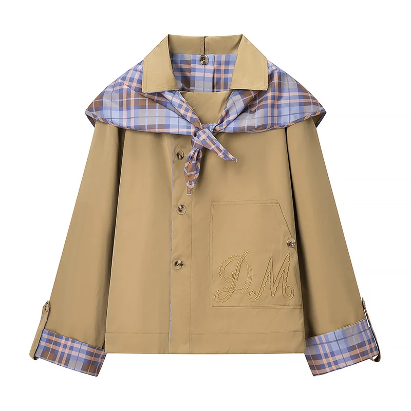 Damen Kurzjacke mit Karo-Kragen, Bindeschal und Monogramm-Tasche Drune