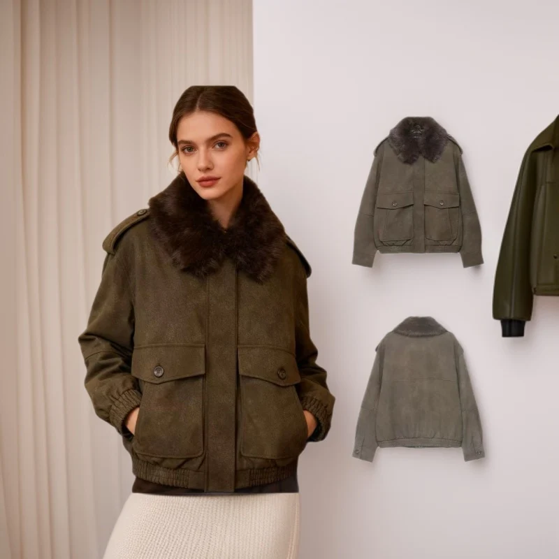 Damen Kurzjacke in Velourslederoptik mit abnehmbarem Fellkragen und Pattentaschen Drune