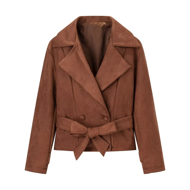 Damen Kurzjacke im Veloursleder‑Look mit Taillengürtel und großem Revers Drune
