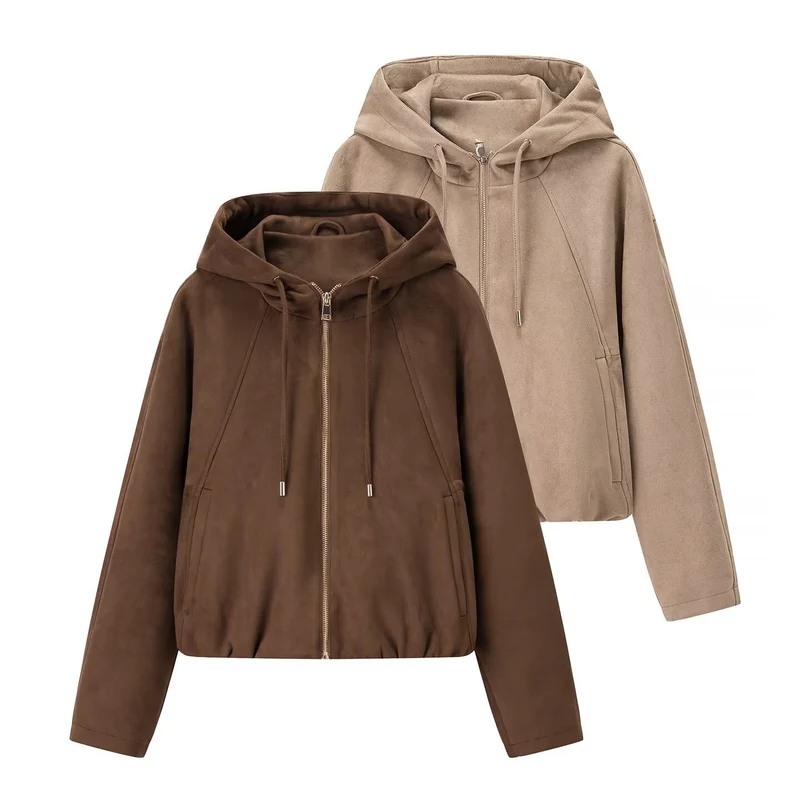 Damen Kurzjacke im Veloursleder‑Look mit Kapuze, Tunnelzug und Reißverschluss Drune