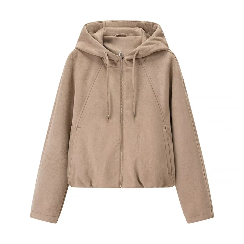 Damen Kurzjacke im Veloursleder‑Look mit Kapuze, Tunnelzug und Reißverschluss Drune