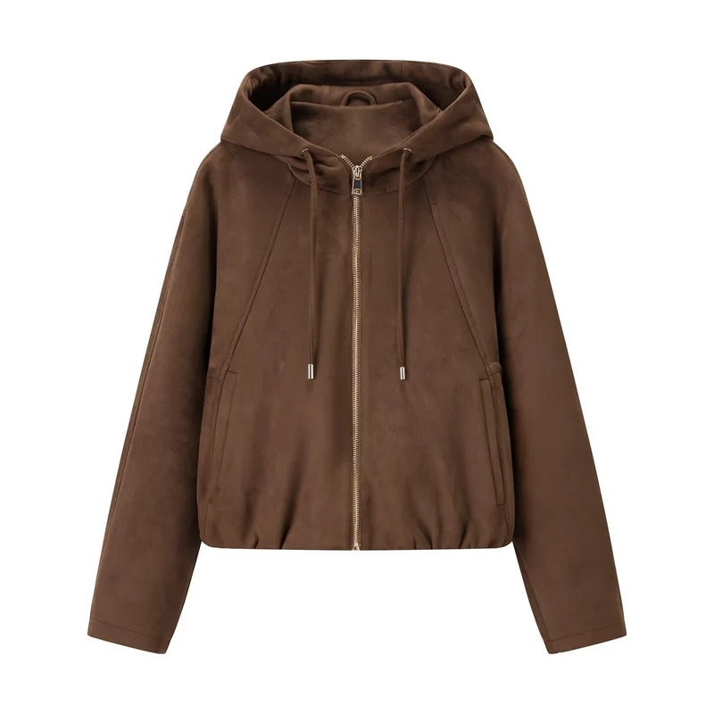 Damen Kurzjacke im Veloursleder‑Look mit Kapuze, Tunnelzug und Reißverschluss Drune