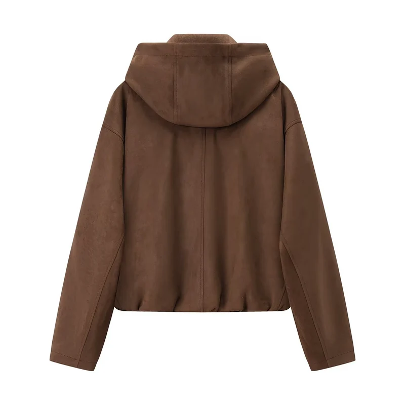 Damen Kurzjacke im Veloursleder‑Look mit Kapuze, Tunnelzug und Reißverschluss Drune