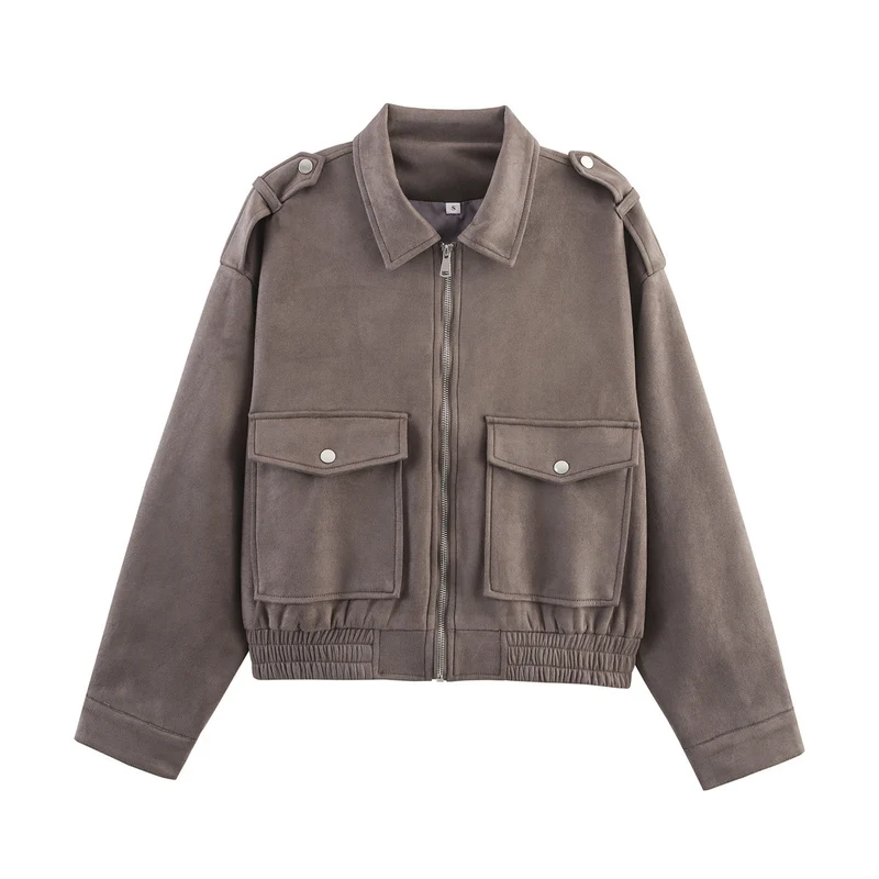 Damen Kurzjacke im Utility‑Bomberstil mit aufgesetzten Pattentaschen, Schulterklappen und elastischem Saum Drune