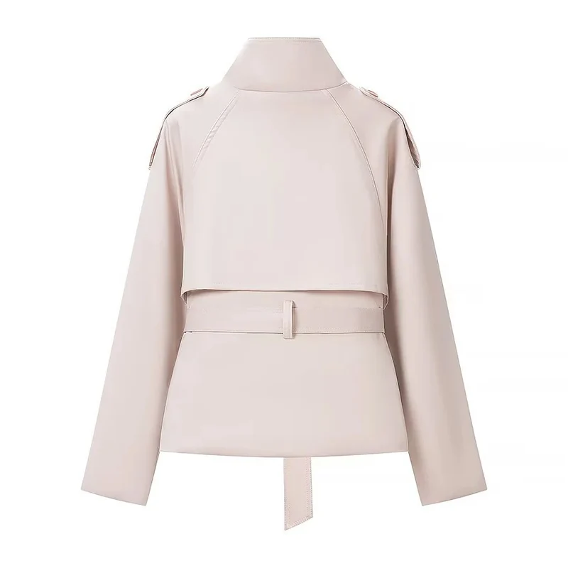 Damen Kurzjacke im Trench‑Stil mit Stehkragen Doppelreihe und Bindegürtel Drune
