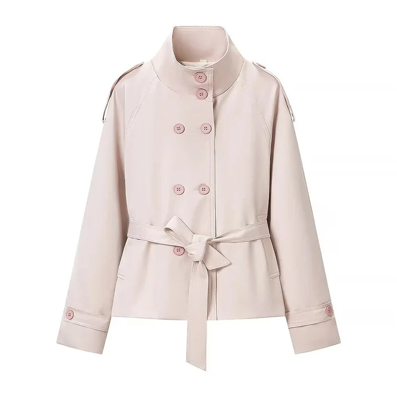 Damen Kurzjacke im Trench‑Stil mit Stehkragen Doppelreihe und Bindegürtel Drune
