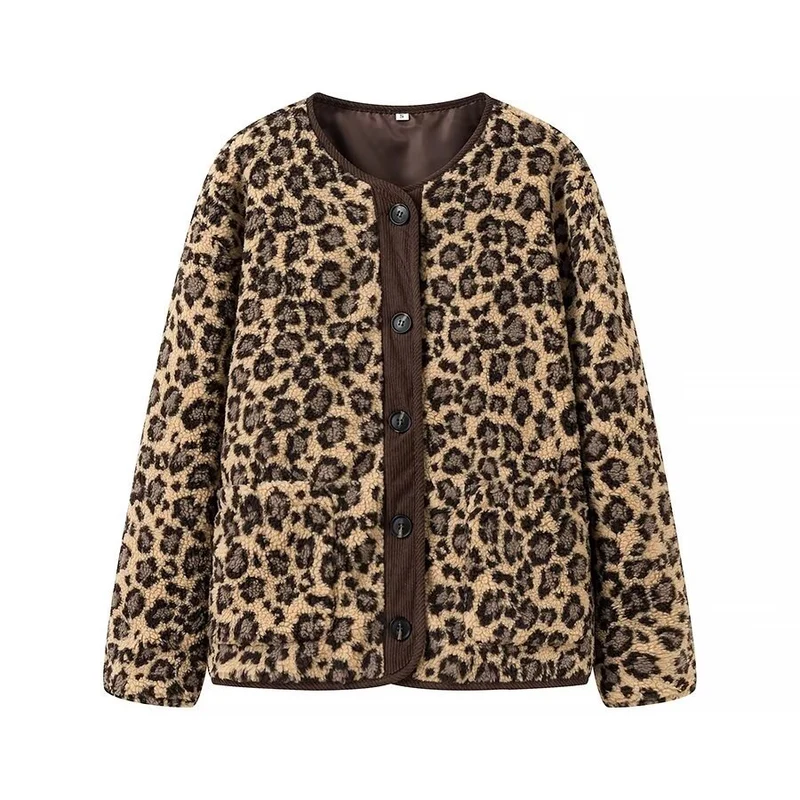 Damen Kurzjacke im Teddy‑Look mit Leopardenmuster und Knopfverschluss Drune