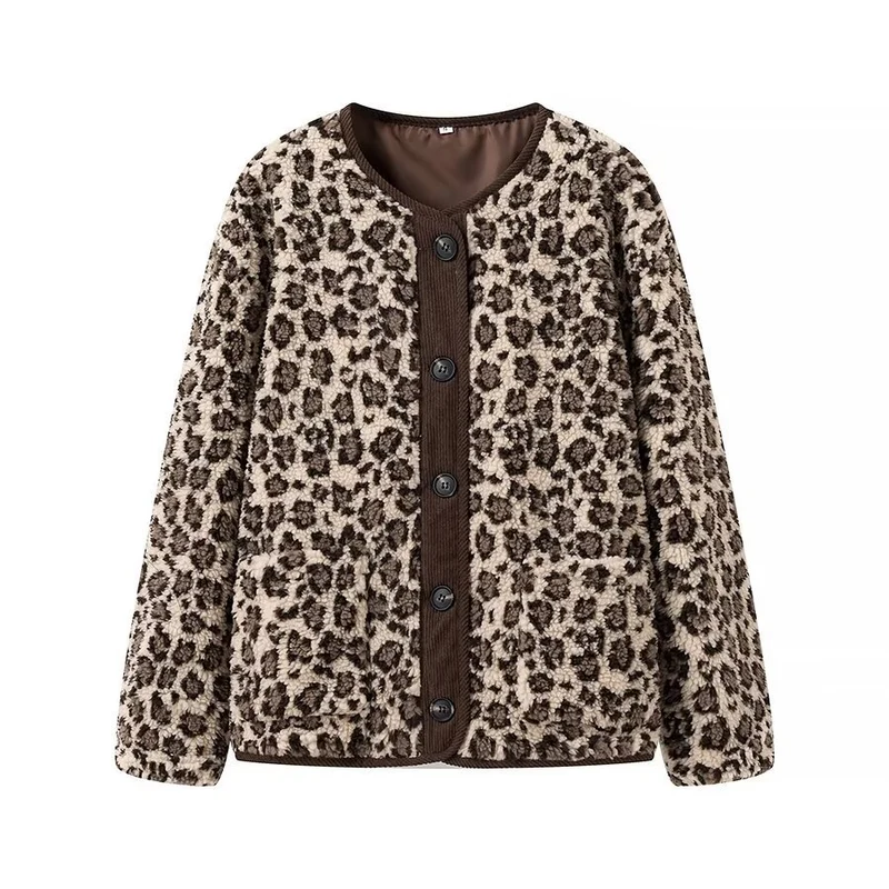 Damen Kurzjacke im Teddy‑Look mit Leopardenmuster und Knopfverschluss Drune