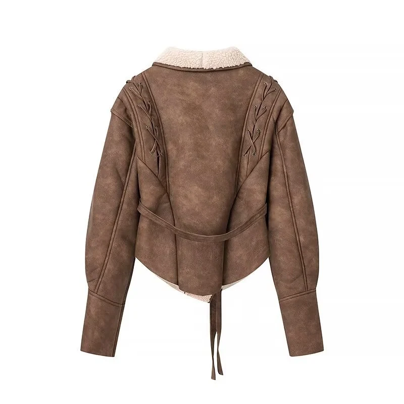 Damen Kurzjacke im Aviator‑Look mit Sherpa‑Futter, Bindegürtel und Schulter‑Schnürung Drune