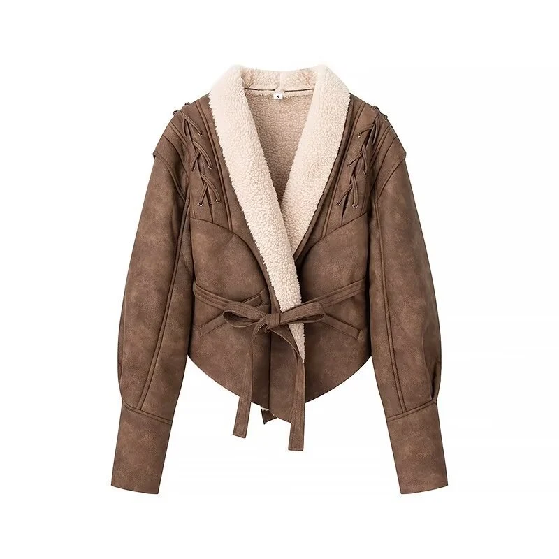Damen Kurzjacke im Aviator‑Look mit Sherpa‑Futter, Bindegürtel und Schulter‑Schnürung Drune