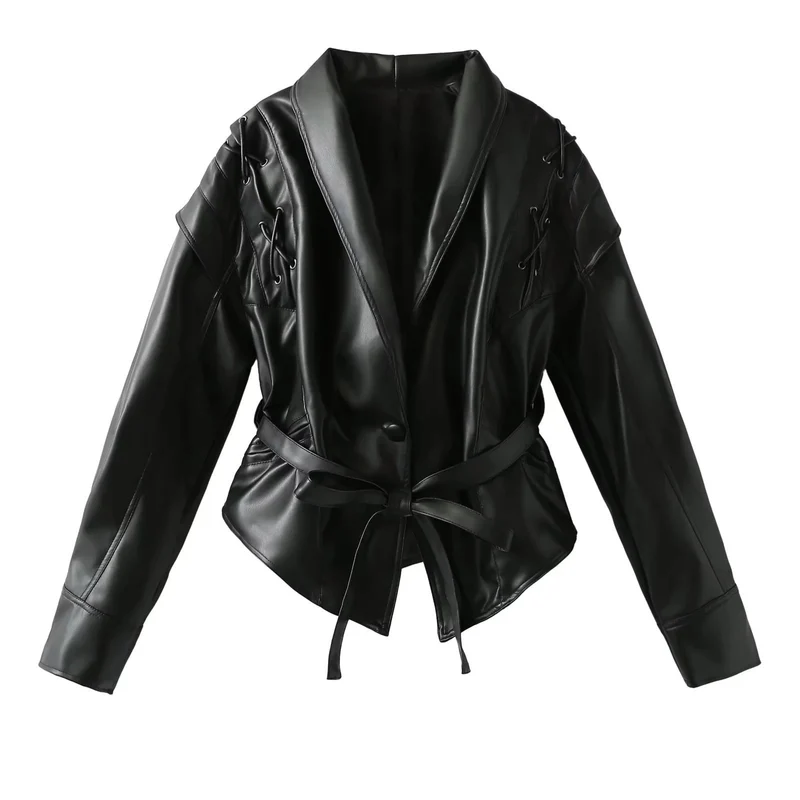 Damen Kurzjacke aus Wildlederoptik mit Wickelgürtel, Schalkragen und Schnürdetail Drune