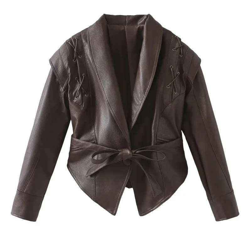 Damen Kurzjacke aus Wildlederoptik mit Wickelgürtel, Schalkragen und Schnürdetail Drune