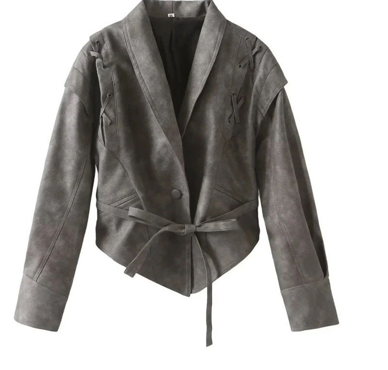 Damen Kurzjacke aus Wildlederoptik mit Wickelgürtel, Schalkragen und Schnürdetail Drune