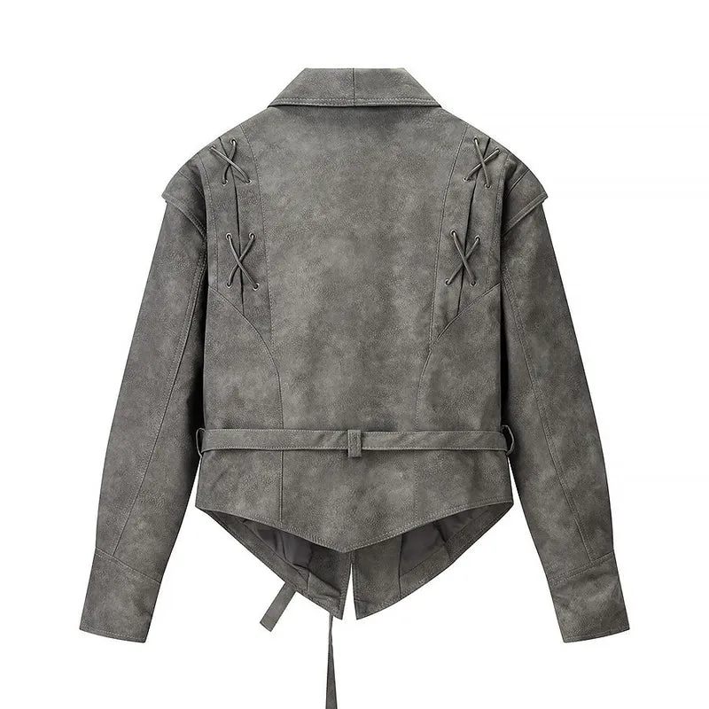 Damen Kurzjacke aus Veloursoptik mit Wickelgürtel und Schnürdetail Drune
