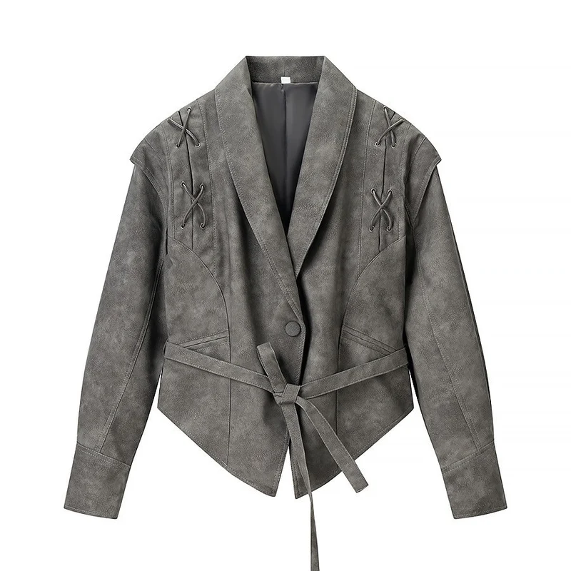Damen Kurzjacke aus Veloursoptik mit Wickelgürtel und Schnürdetail Drune