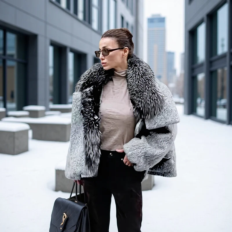 Damen Kurzjacke aus Kunstfell im Oversize‑Cut mit voluminösem Webpelzkragen Drune
