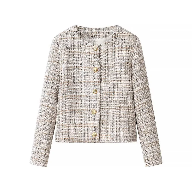 Damen Kurzjacke aus Bouclé‑Tweed mit rundem Ausschnitt und dekorativen Goldknöpfen Drune