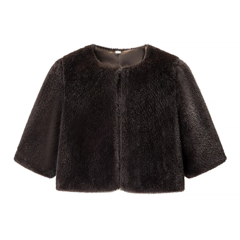 Damen Kurzgeschnittener Kunstfell-Bolero mit 3/4-Ärmeln Drune