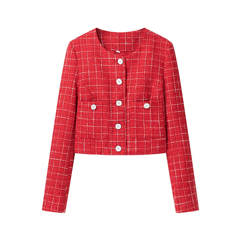 Damen Kurzgeschnittener Bouclé‑Tweed‑Blazer mit Rundhals, Zierknöpfen und aufgesetzten Taschen Drune