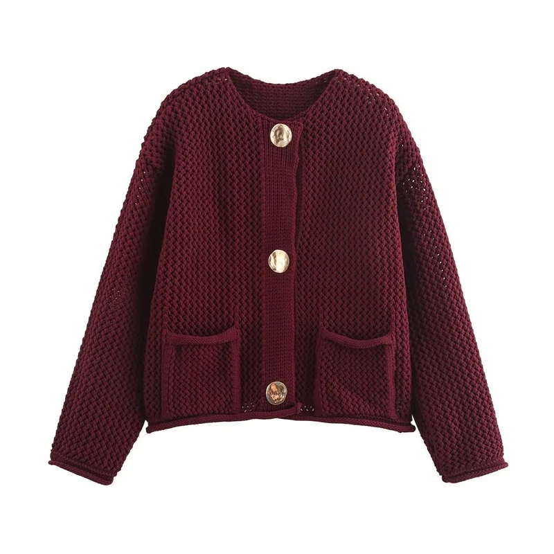 Damen Kurzgeschnittene strukturierte Strickjacke mit goldfarbenen Zierknöpfen und aufgesetzten Taschen Drune