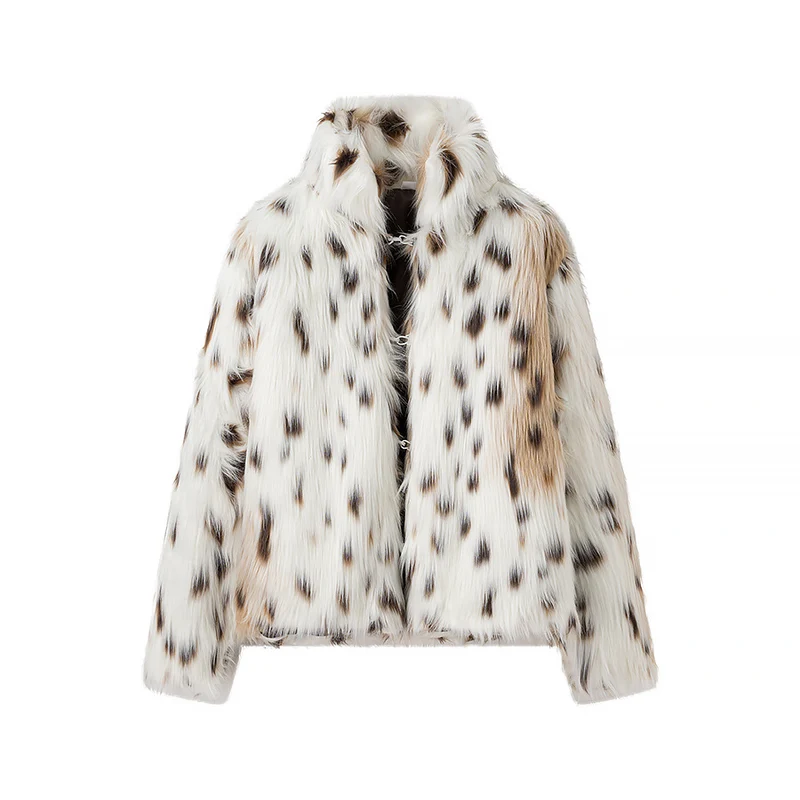 Damen Kurzfelljacke aus Kunstfell mit Leoprint und kastiger Silhouette Drune