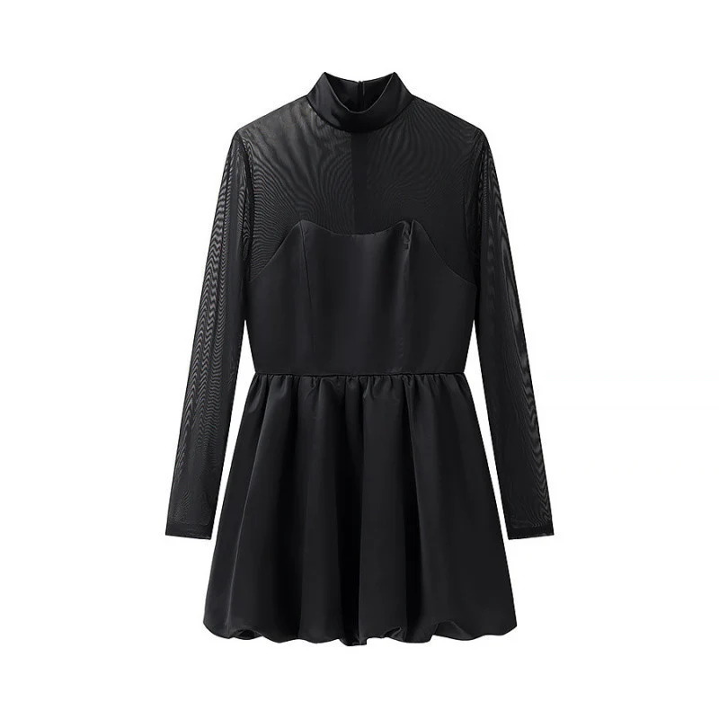Damen kurzes Mesh-Overlay-Skaterkleid mit Stehkragen und taillierter Korsage Drune