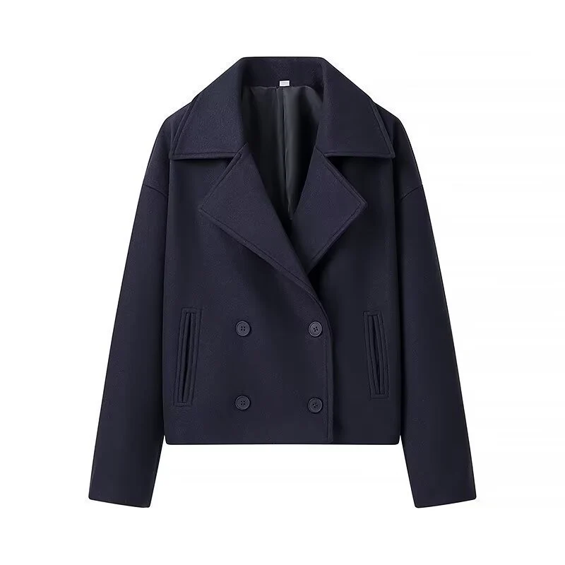 Damen Kurzer Zweireihiger Boxy-Peacoat aus Wollmix mit weitem Revers Drune