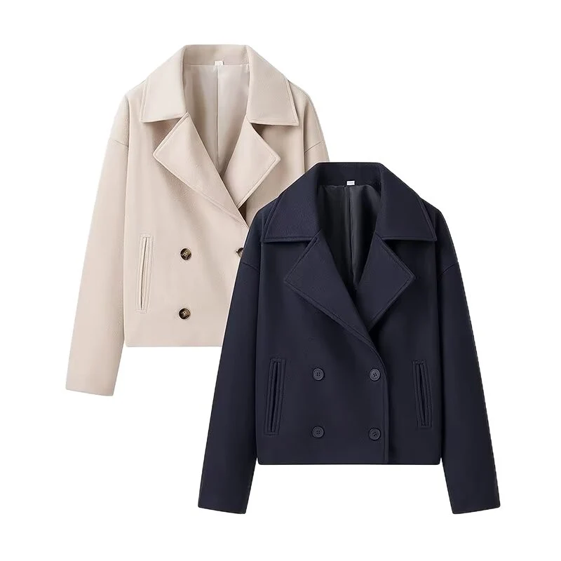 Damen Kurzer Zweireihiger Boxy-Peacoat aus Wollmix mit weitem Revers Drune