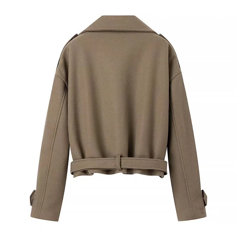 Damen Kurzer Wollmix-Trench mit Gürtel, Epauletten und weitem Revers Drune