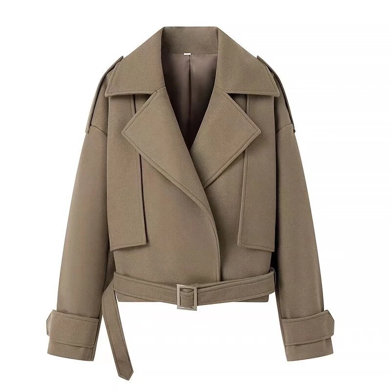 Damen Kurzer Wollmix-Trench mit Gürtel, Epauletten und weitem Revers Drune