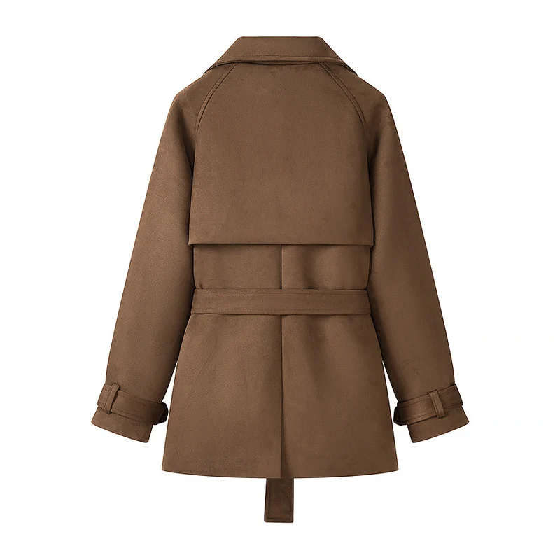 Damen Kurzer Wildleder-Trenchcoat mit Doppelreihe und Taillengürtel Drune