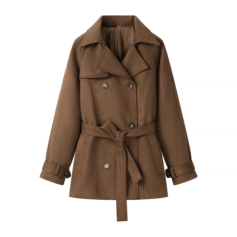 Damen Kurzer Wildleder-Trenchcoat mit Doppelreihe und Taillengürtel Drune