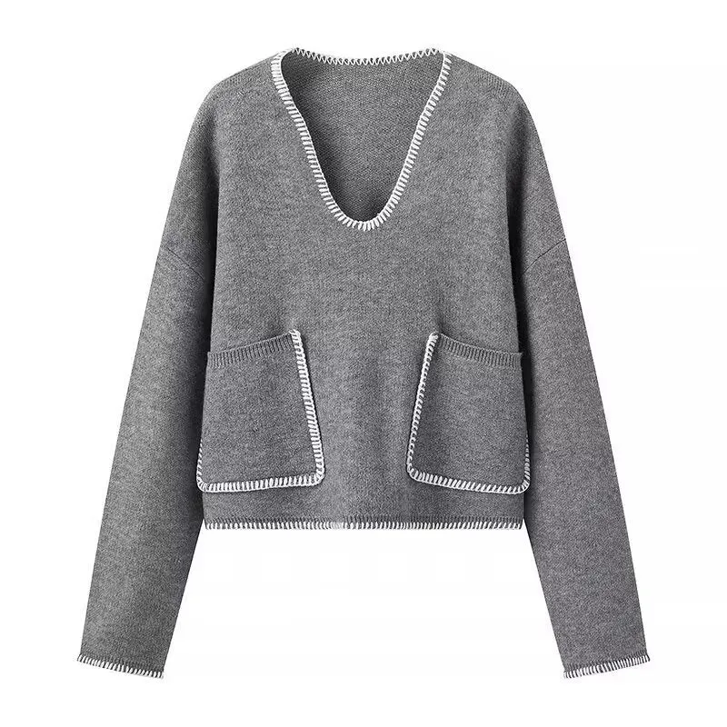 Damen Kurzer V-Ausschnitt Pullover mit Ziernähten und aufgesetzten Taschen Drune
