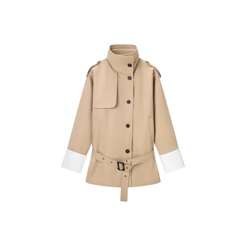 Damen Kurzer Trenchcoat mit Taillengürtel, Stehkragen und Kontrastmanschetten Drune