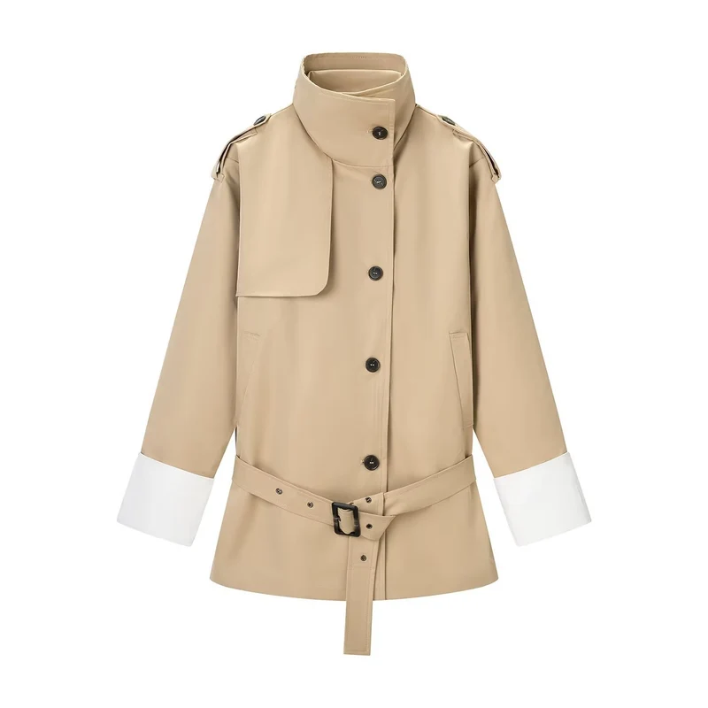 Damen Kurzer Trenchcoat mit Taillengürtel, Stehkragen und Kontrastmanschetten Drune