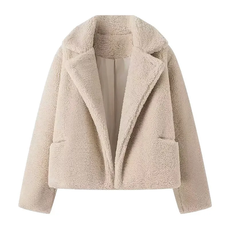 Damen Kurzer Kunstfell-Teddy-Blouson mit breitem Reverskragen Drune