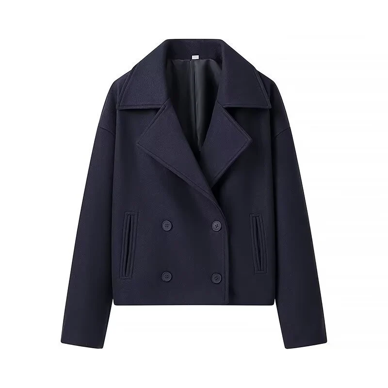 Damen Kurzer Boxy-Wollmix-Peacoat mit doppelreihiger Knopfleiste und aufgesetzten Taschen Drune