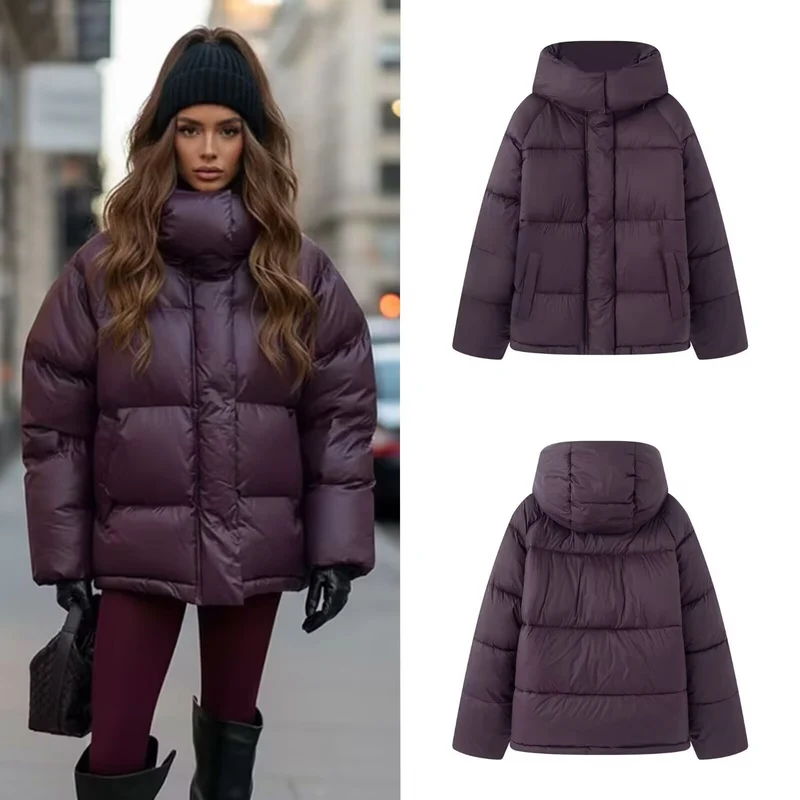 Damen Kurze wattierte Oversize‑Steppjacke mit hohem Stehkragen und Kapuze Drune