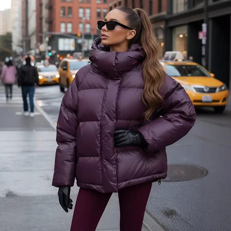 Damen Kurze wattierte Oversize‑Steppjacke mit hohem Stehkragen und Kapuze Drune