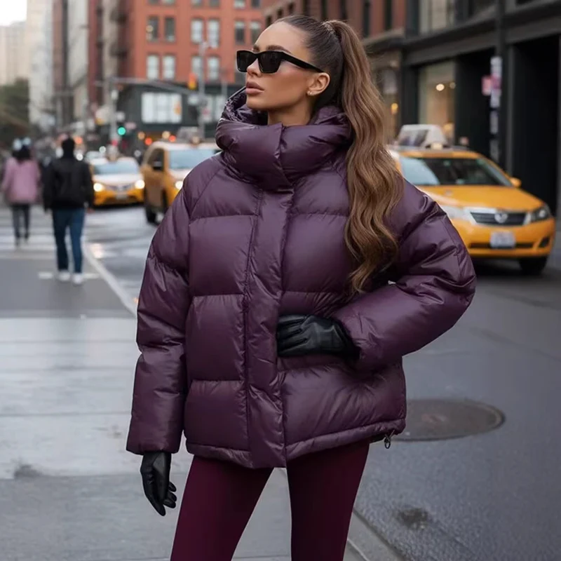 Damen Kurze wattierte Oversize‑Steppjacke mit hohem Stehkragen und Kapuze Drune