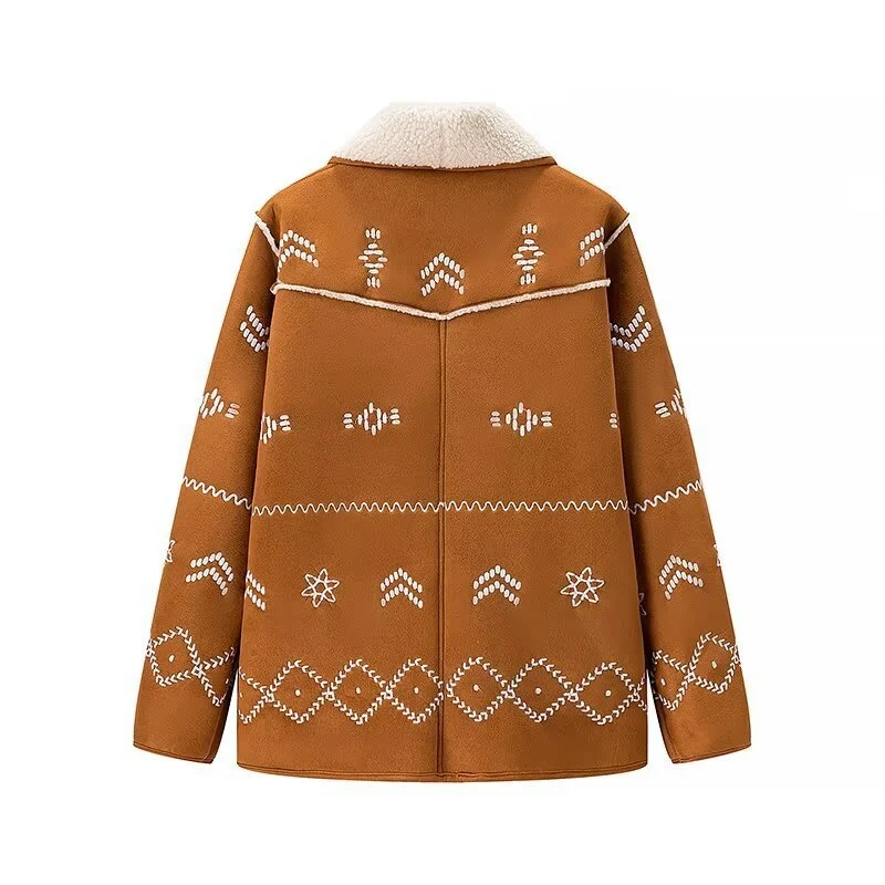 Damen Kurze Velourslederjacke mit Teddyfutter und Zierstickerei Drune