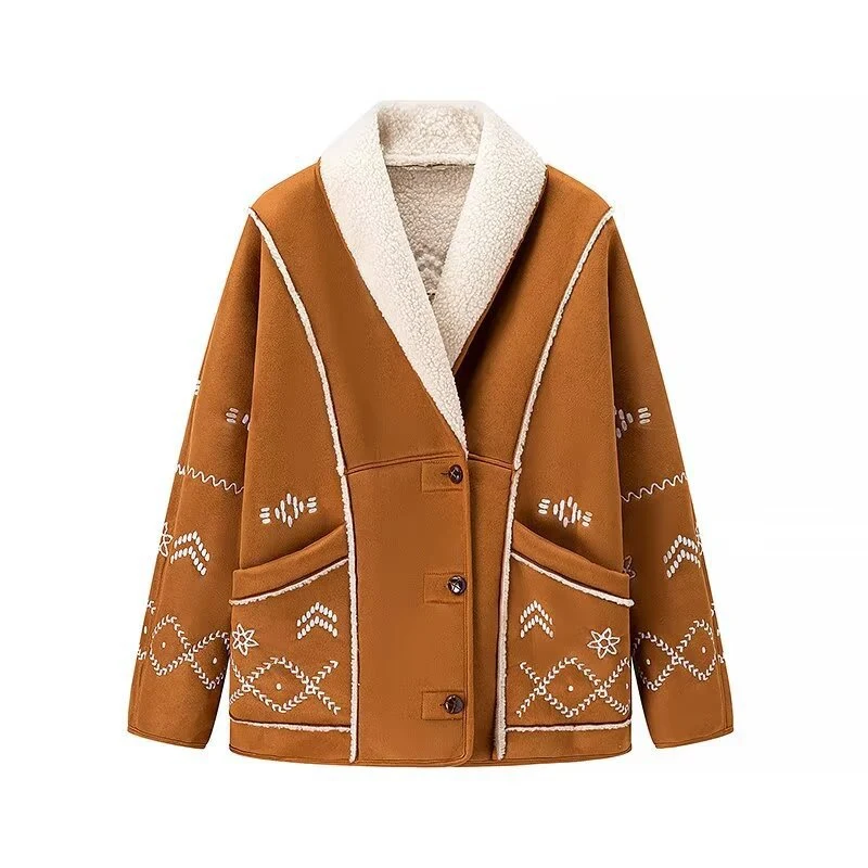 Damen Kurze Velourslederjacke mit Teddyfutter und Zierstickerei Drune