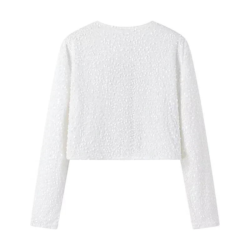 Damen Kurze Paillettenjacke mit Zierschleifen, Rundhalsausschnitt und langen Ärmeln Drune