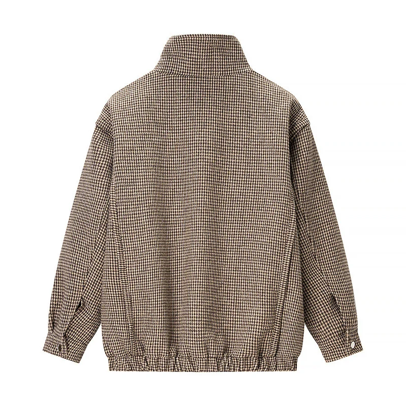 Damen Kurze Oversize-Übergangsjacke im Hahnentritt-Muster mit Stehkragen und elastischem Saum Drune