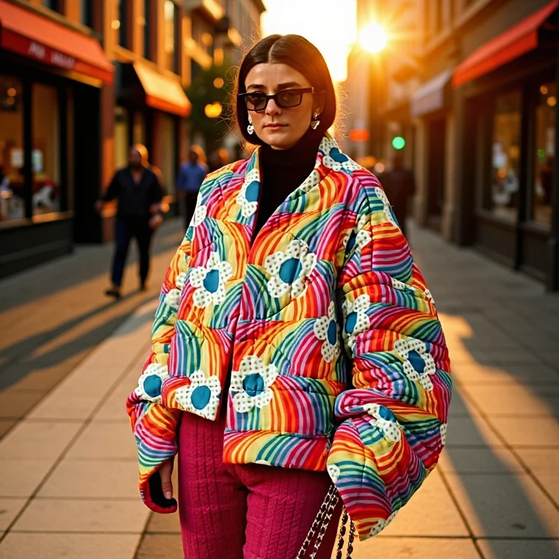 Damen Kurze Oversize-Steppjacke mit bunten Regenbogenstreifen und Blumenapplikation Drune